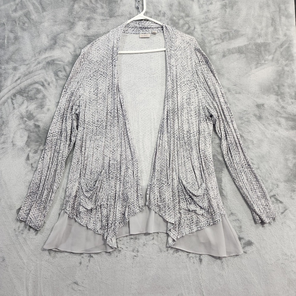 Logo Lori Goldstein Cardigan Sweater Womens L Gray Snake Open Front‎ Chiffon Hem